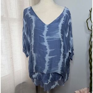 NWT Gigi Moda Silk V-Neck Tie Dye Layered Top Lagenlook Blue Women's One Size